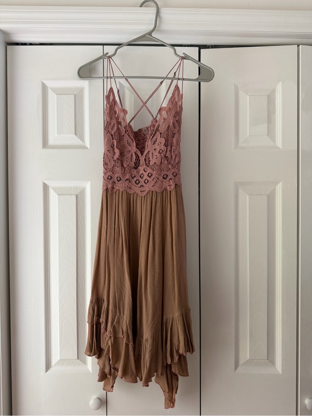 Free People Mauve Lace Bodice Asymmetrical Dress with Taupe Skirt